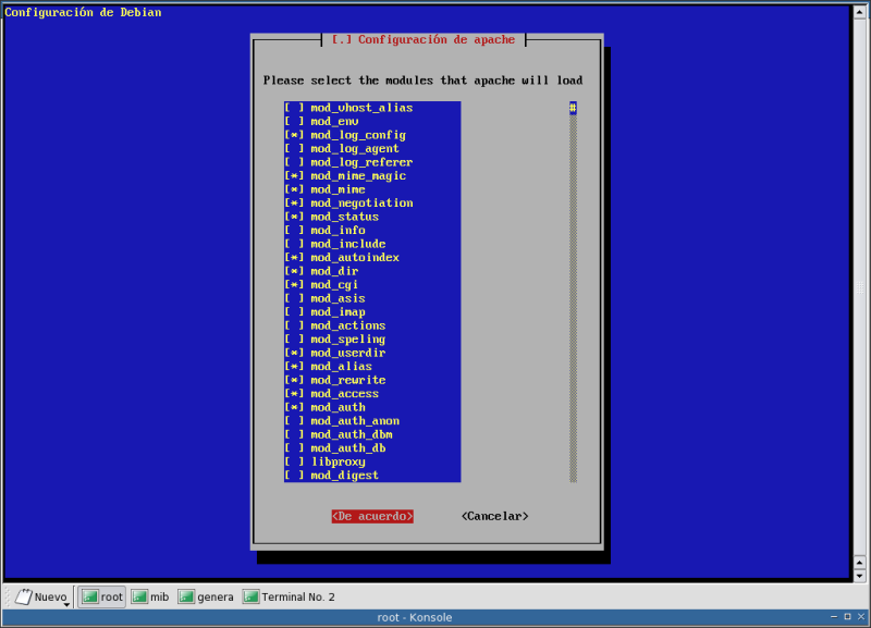 Pantalla de configuración de apache durante la instalación