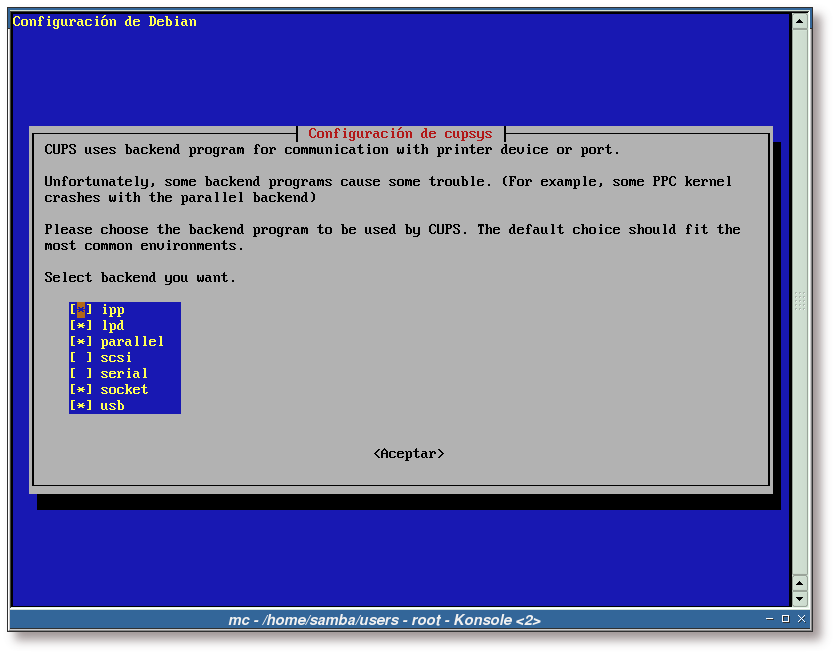 Selección de backends para CUPS