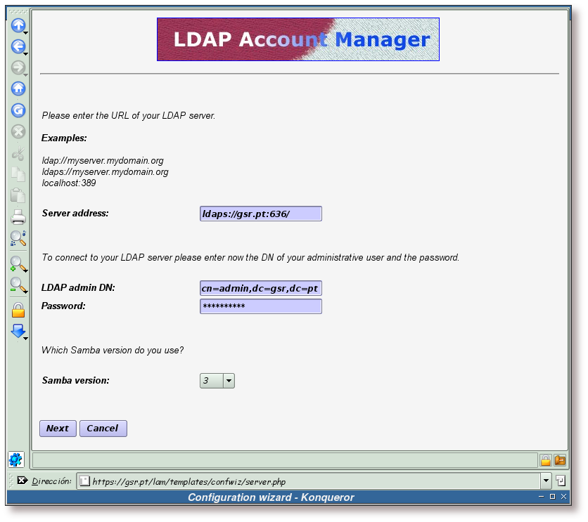 Asistente de configuración, datos del servidor LDAP y Samba