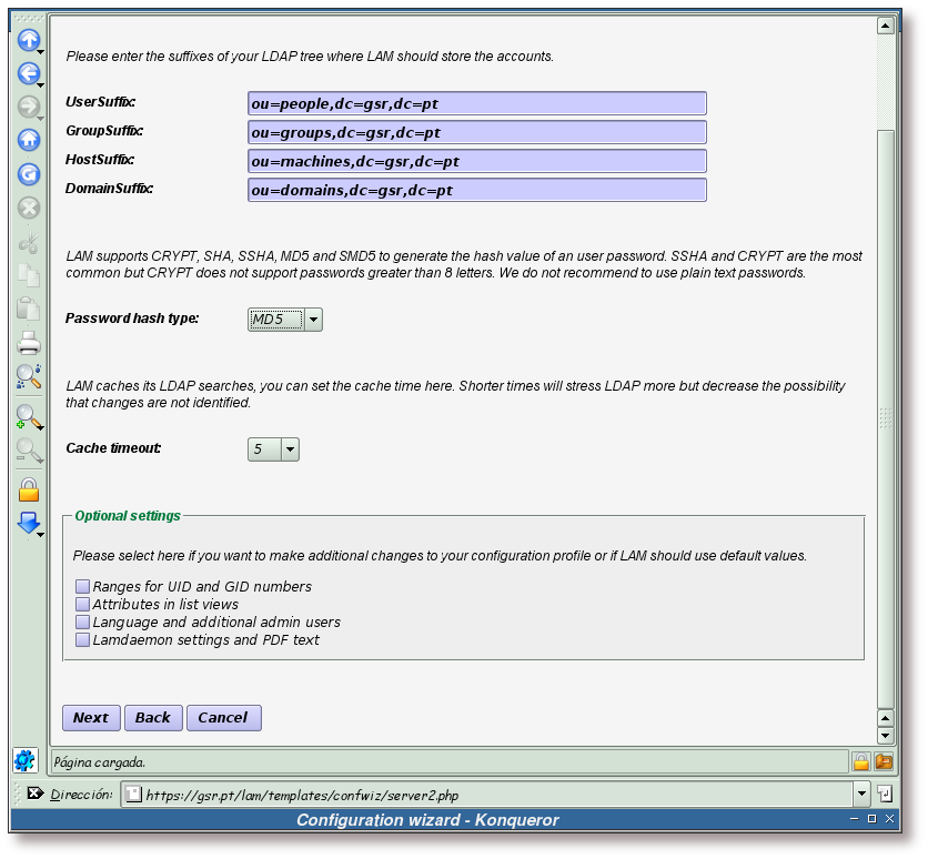 Asistente de configuración, creando la estructura para el directorio LDAP