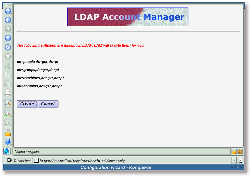 Asistente de configuración, confirmación de la creación de entradas LDAP