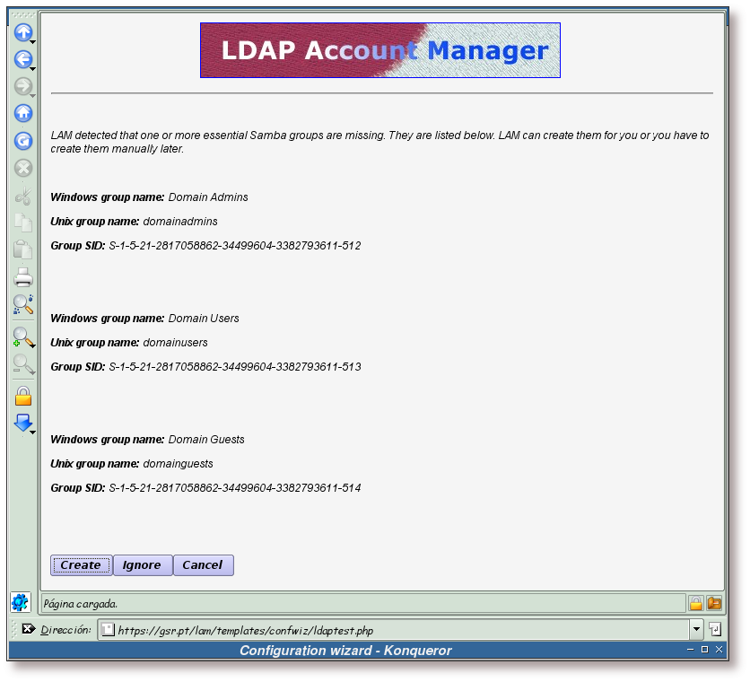 Asistente de configuración, creación de grupos para Samba