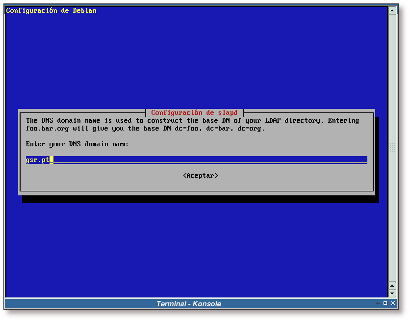 Configuración de slapd, elección del dominio