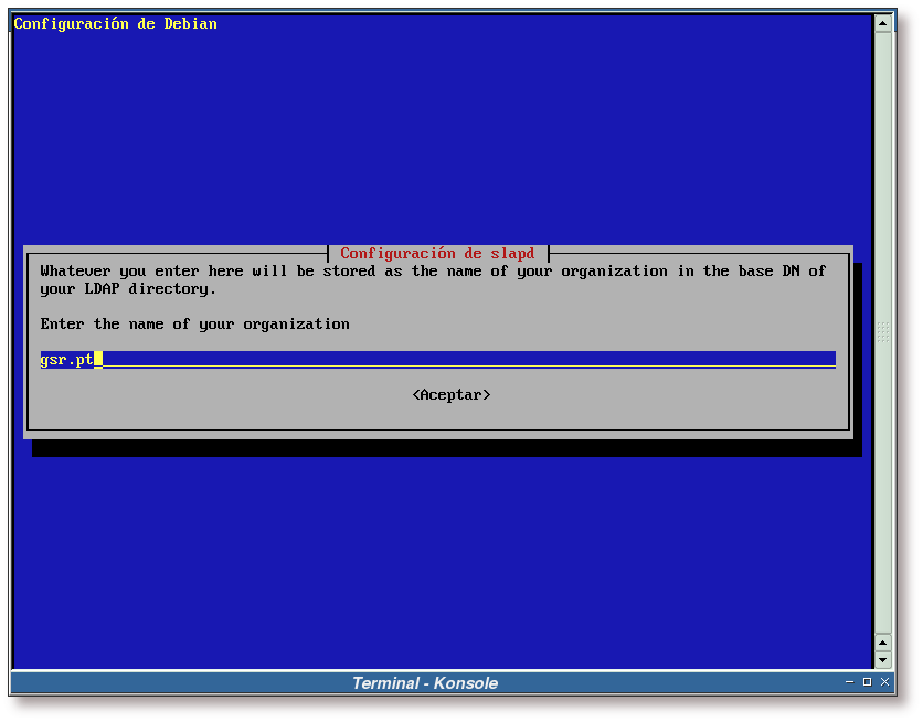 Configuración de slapd, nombre de la organización