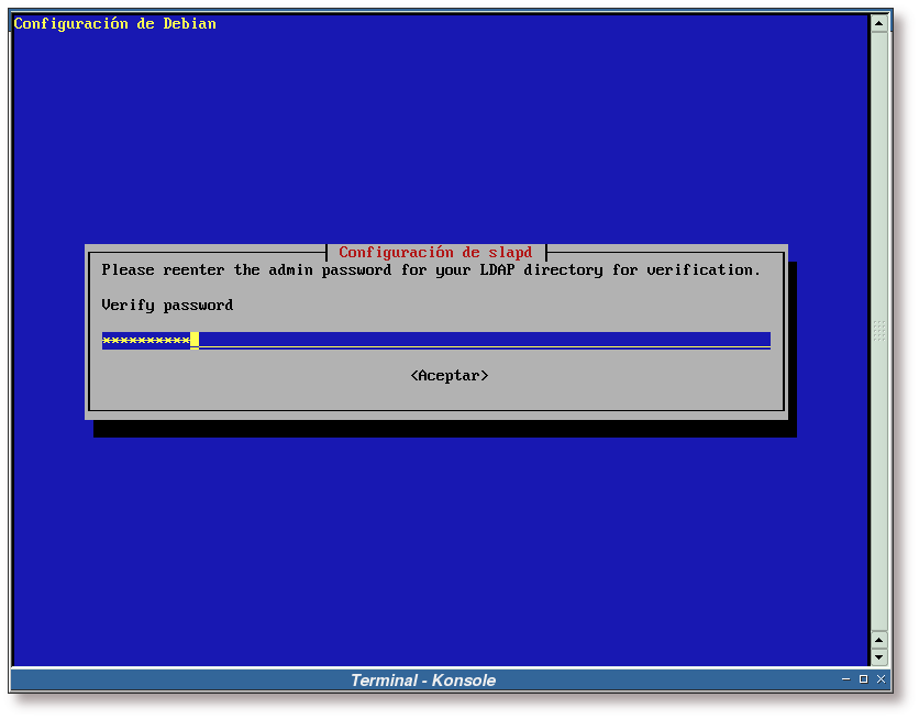Configuración de slapd, repetir clave de administrador