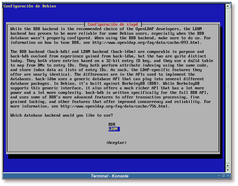 Configuración de slapd, elección del backend de la BBDD